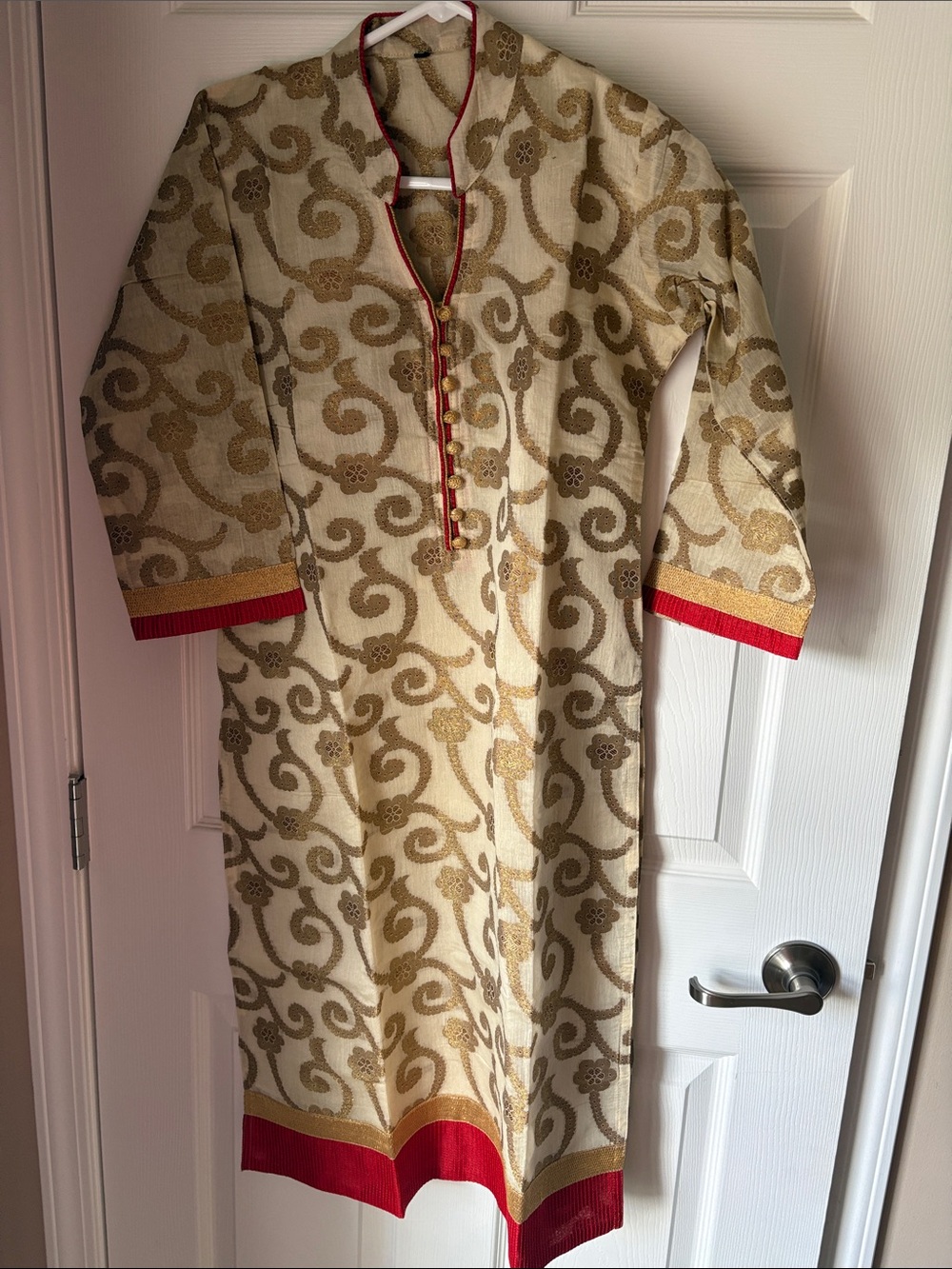 Embroidered Cream & Gold Kurta with Red Trim